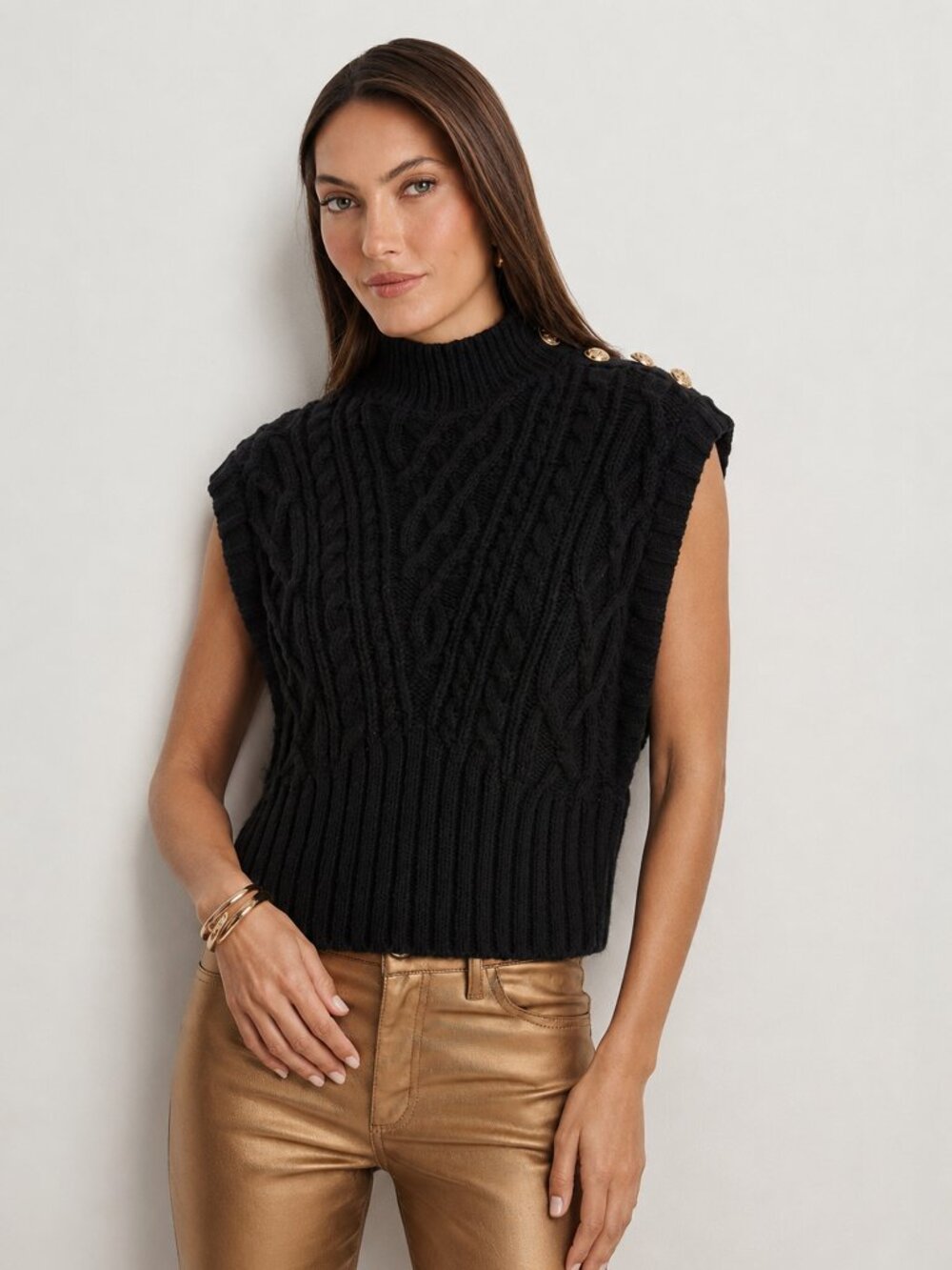 The Noli Shop Raina Cable Knit Button Sweater Black